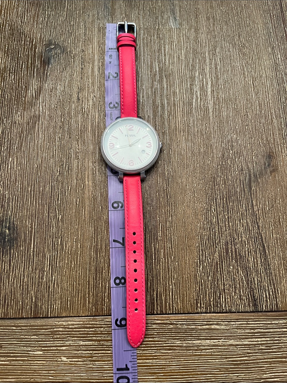 Fossil Women’s Watch Leather Strap Pink Round Face Adjustable Silver Like New - Picture 5 of 9